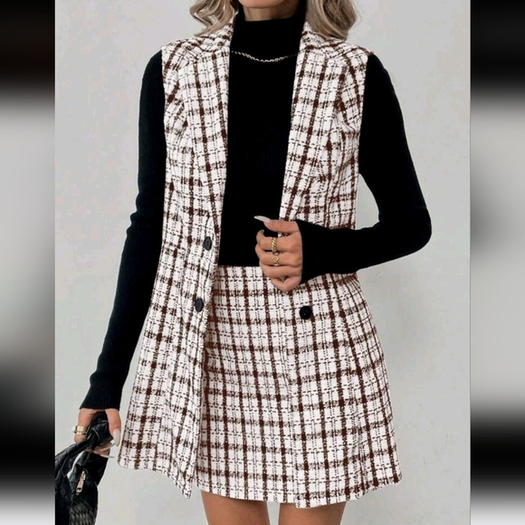 Jackets & Blazers - Women Plaid Print Collar Sleeveless Top And Mini Skirt 2-Piece Set